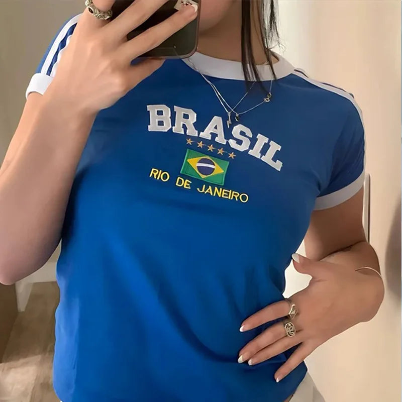 Aesthetic BRASIL Letter Print T-Shirt and Shorts Suit, Vintage Grunge Short Sleeve Baby Tees, Summer Crop Top Y2k Clothe