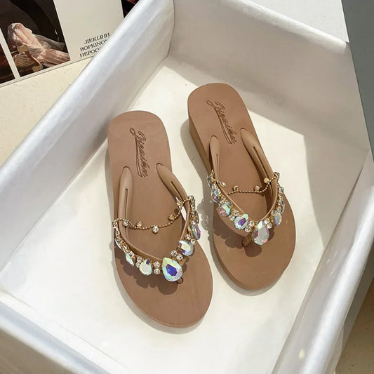 Women Slippers Fashion 2026 Summer New Water Diamond Flip Flops Women Outwear Thick Sole Slope Heels Beach Vacation Slippers