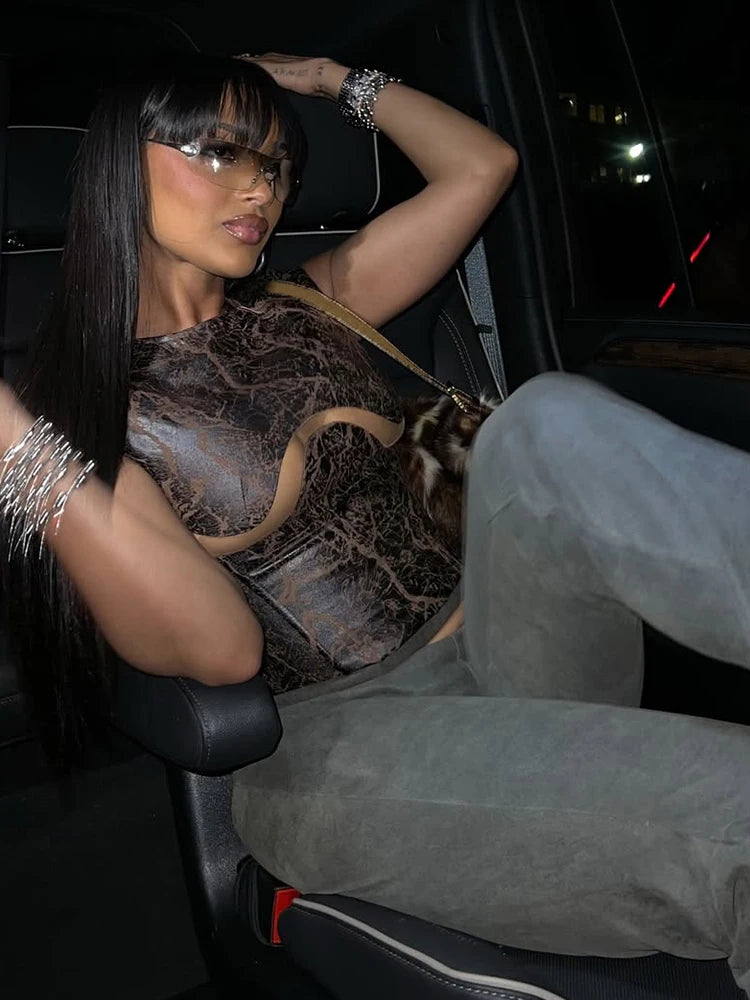 Weird Puss Mesh Patchwork Crop Tops Women Fashion Print o-Neck Sleeveless Skinny Stretch Hot Girls Street Fashion Wild T-Shirts