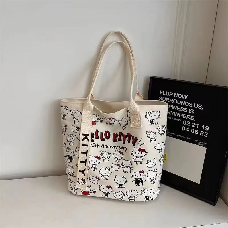 New Model Hello Kitty Cartoon Canvas Bag Cute Commuter Versatile One-Shoulder Tote Bag Large-Capacity Storage Bag