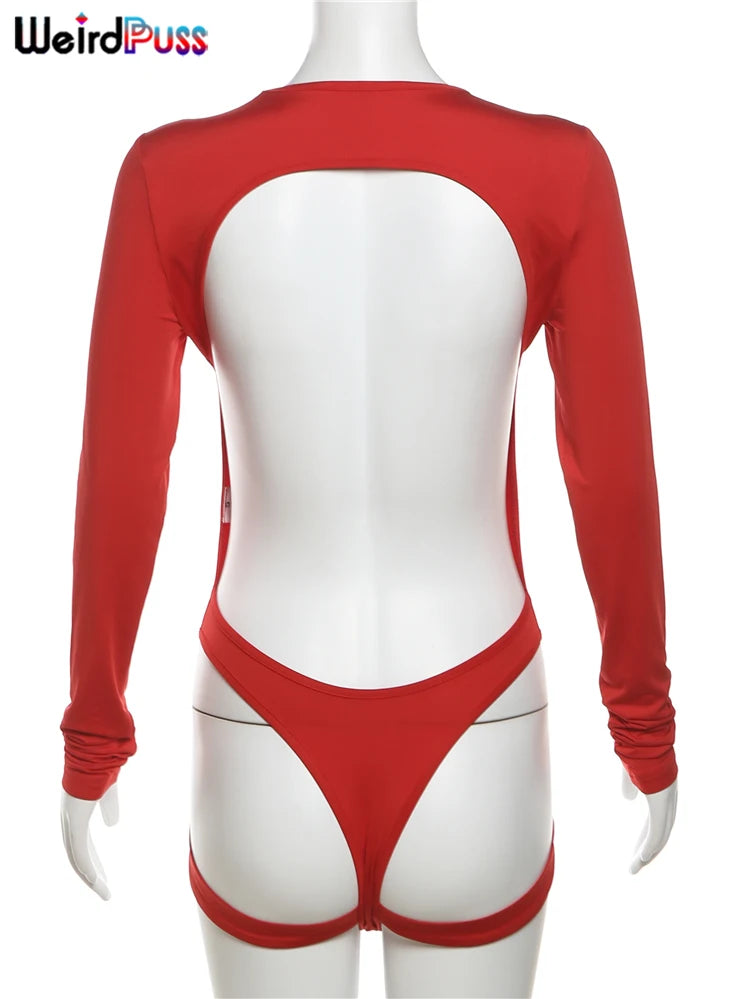Weird Puss Hollow Backless Bodysuit Woman Summer Sexy Hottie Long-Sleeve Solid O-Neck Bandage Chic Bodyshape Skinny Clubwear Top