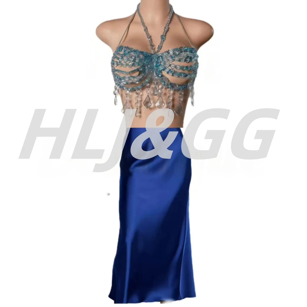 HLJ&GG Sexy Rhinestone Beads Halter Hollow Two Piece Sets Women Sleeveless Backless Top + Satin Skinny Skirts Outfits Streetwear