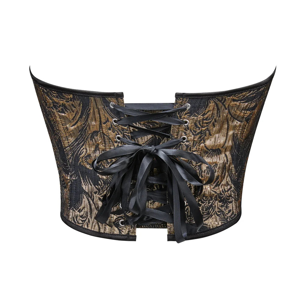 Sexy Women Overbust Corsets Crop Tops Golden Printed Bustiers Lace Up Body Shaper Lingerie Gothic Corselet