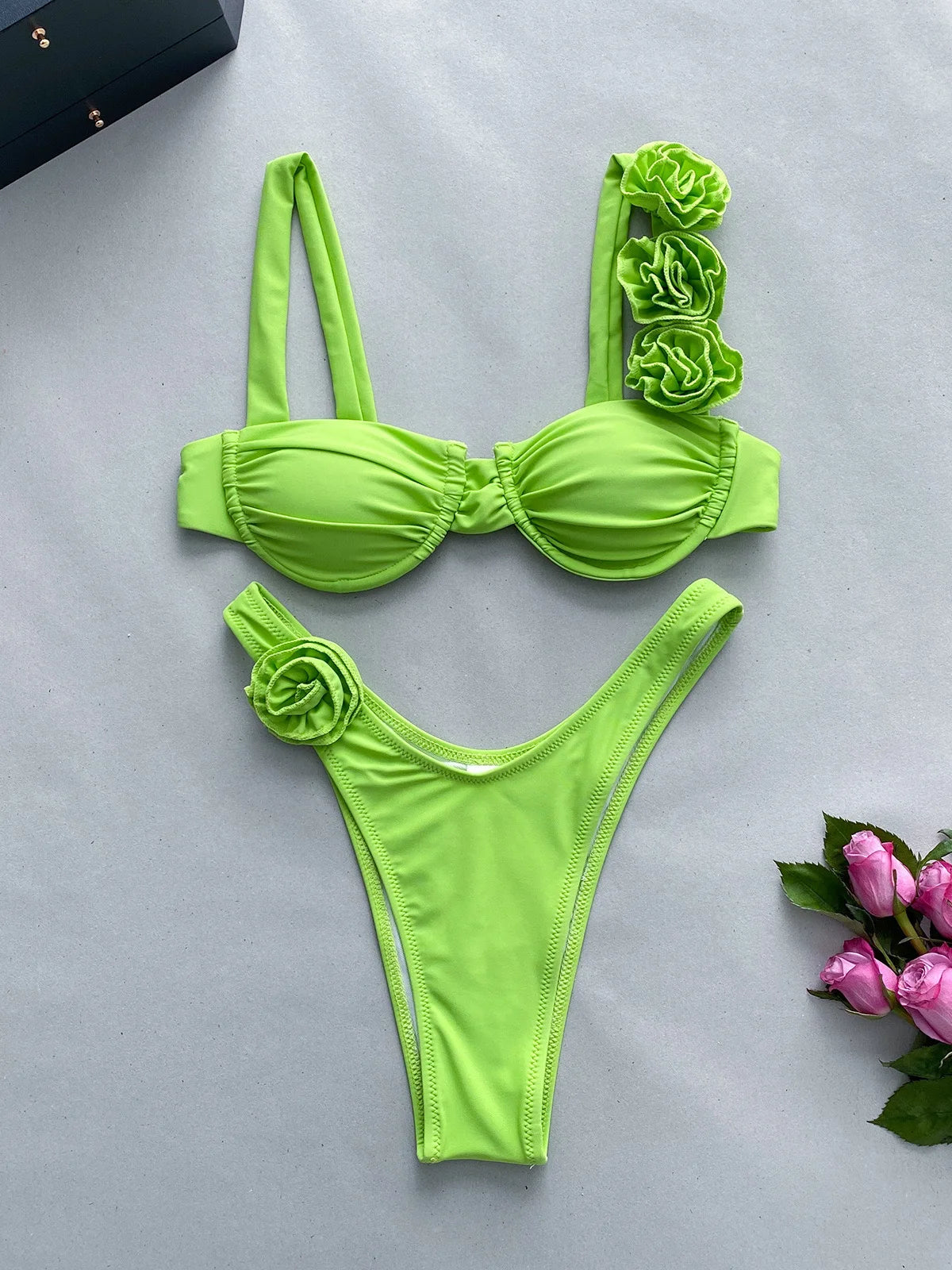 Sexy Solid Backless Floral Bikini Set Women Split Swimsuit High Waist Beach Bikini 2025 New Summer Swimwea Bikinis Set