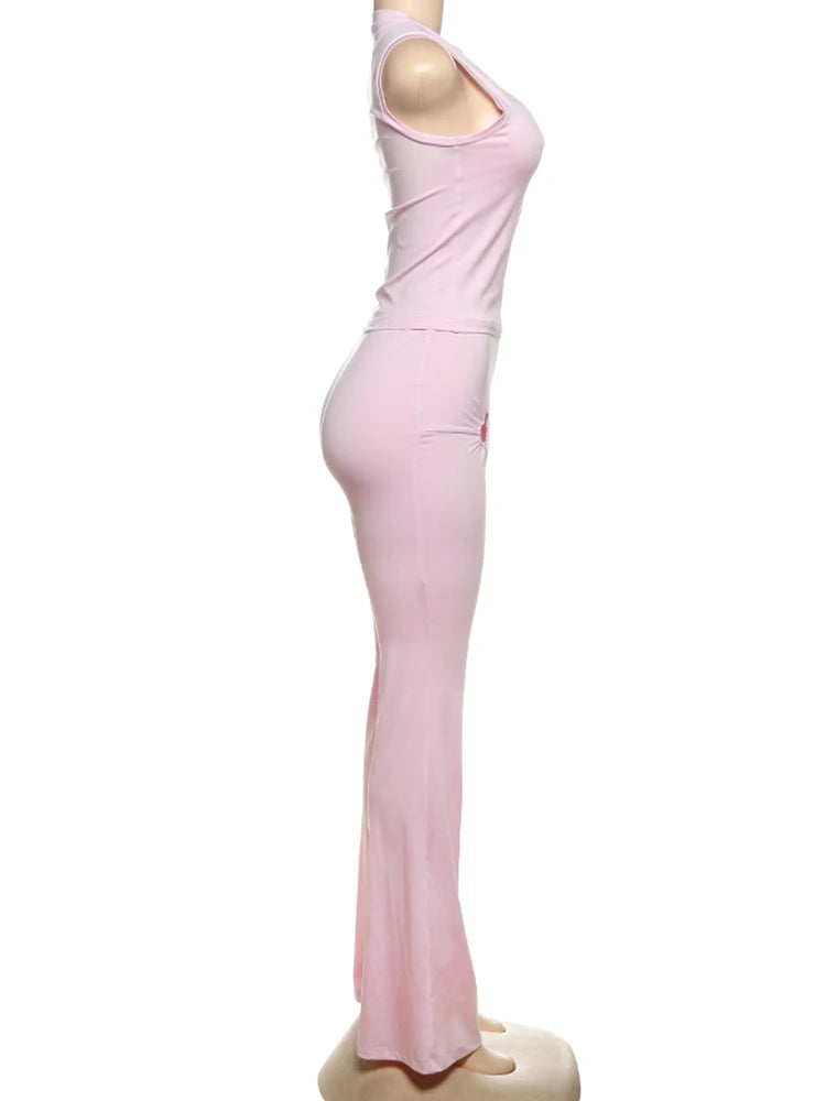 Weird Puss Heart Hollow 2 Piece Set Women o-Neck Sleeveless Tops+Skinny Stretch Pants Vacation Casual Simple Elegant Solid Suits