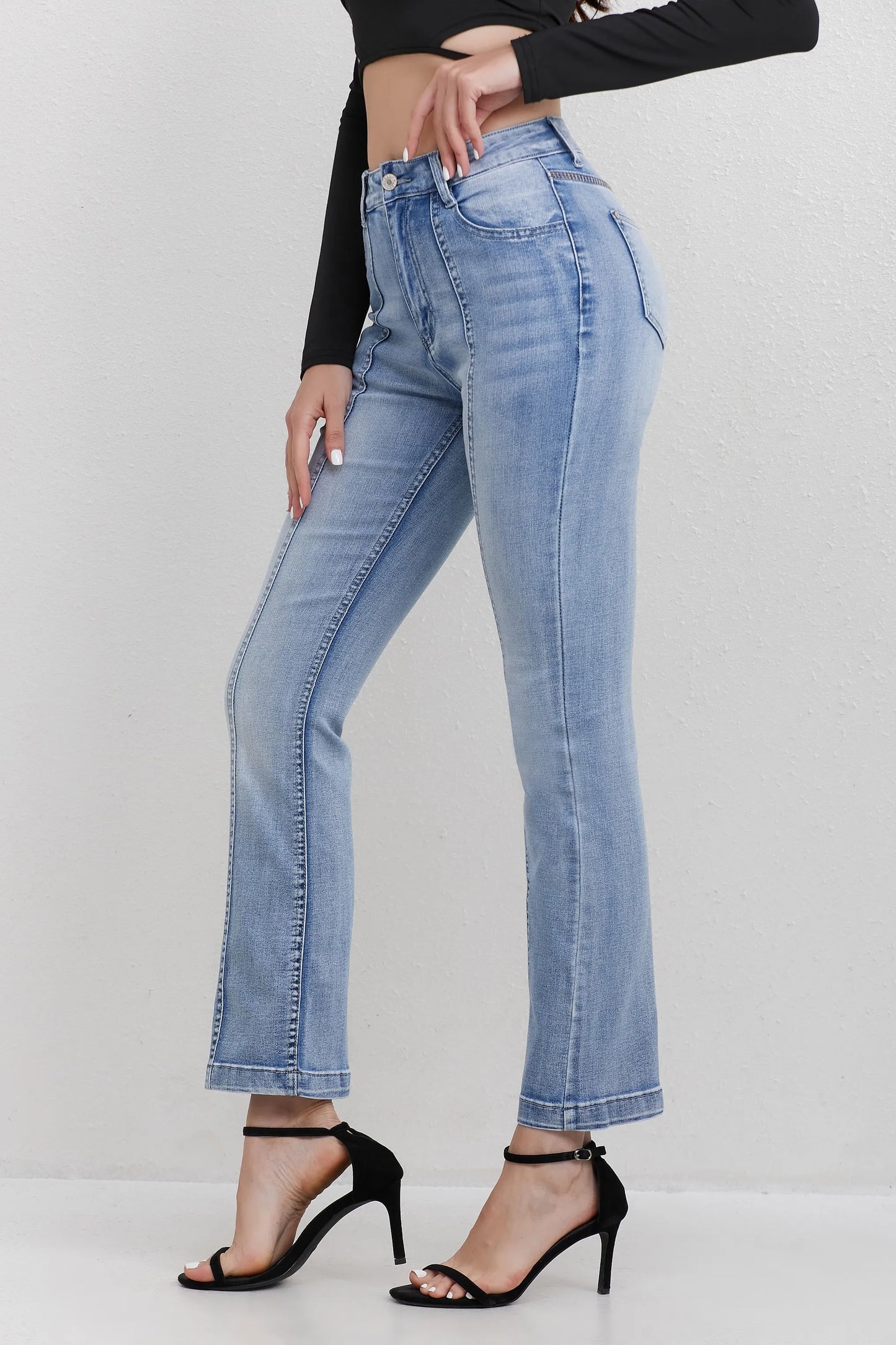 Women's High Waisted Light Blue Jeans with Panel Detail Flared Leg Fashionable Daily Wear Wide-leg jeans Stretch Straight Pants
