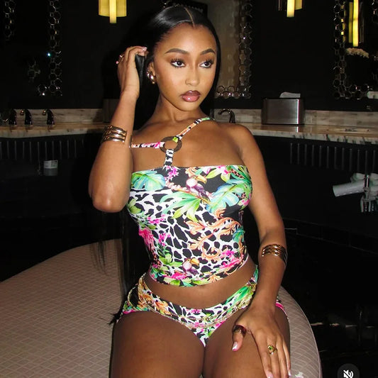 Sexy Nightclub Party Bikini Set with Irregular Round Buckle Printed Backless Short Tight Spring Summer Women's Lingerie Swimwear