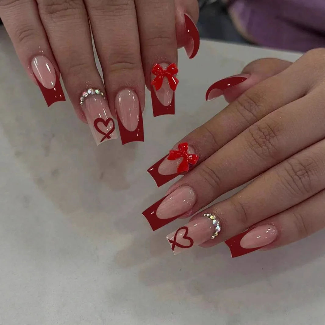 White French Press on Nails 3D Bowknot Fake Nails Tips Full Cover Wearable False Nails for Women and Girls DIY 24Pcs