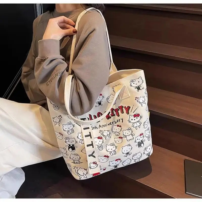 New Model Hello Kitty Cartoon Canvas Bag Cute Commuter Versatile One-Shoulder Tote Bag Large-Capacity Storage Bag