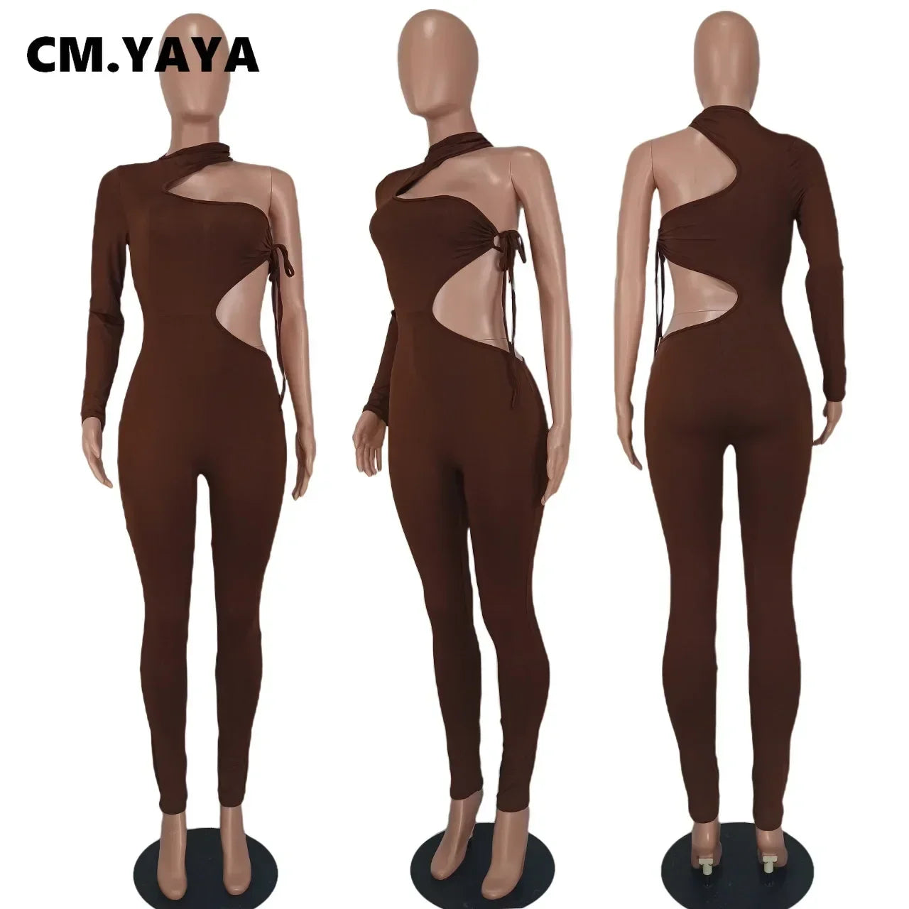 CM.YAYA Women Sexy Party Club Tie Up Open Side One Shoulder One Long Sleeve Jumpsuit Skinny Solid One Piece Overall Set Outfits