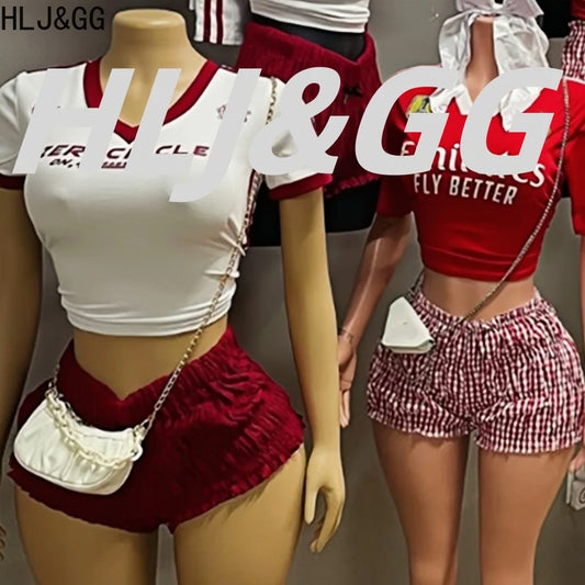 HLJ&GG Red American Vintage Letter Streetwear Women V Neck Short Sleeve Slim Crop Top And Ruched Shorts Two Piece Sets Outfits