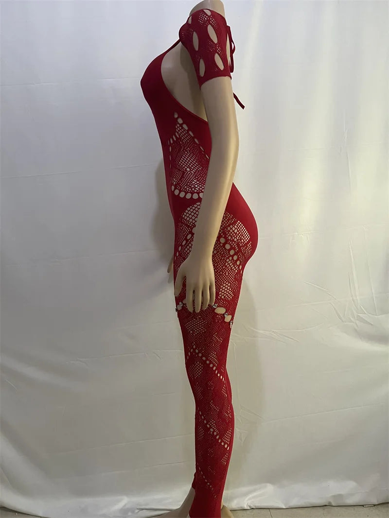 Weird Puss Rhinestone Embellished Women Jumpsuit Backless Halter Hollow Sheer Sexy Slim One Pieces Bodycon Hottie Party Clubwear