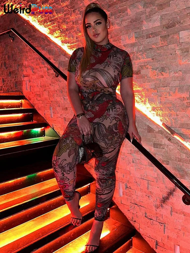 Weird Puss See Through Jumpsuit Women Backless Dragon Print Short Sleeve Fitness Activity Workout Overalls Slim Stretch Clubwear
