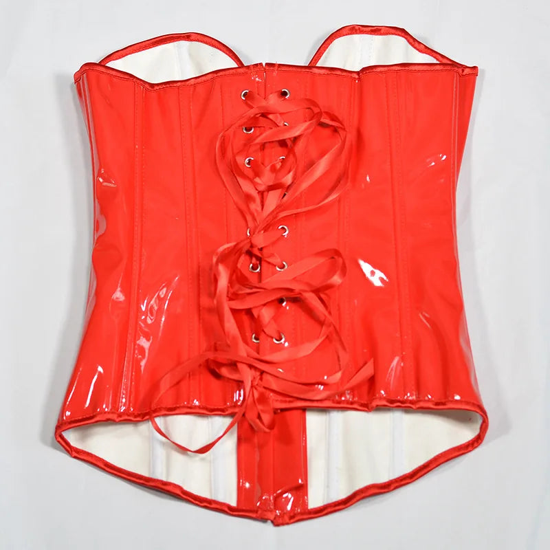 HLJ&GG Sexy Glossy Leather Corset Two Piece Sets Women Off Shoulder Slim Crop Top+Leopard Shorts Outfits Fashion Y2K Streetwear