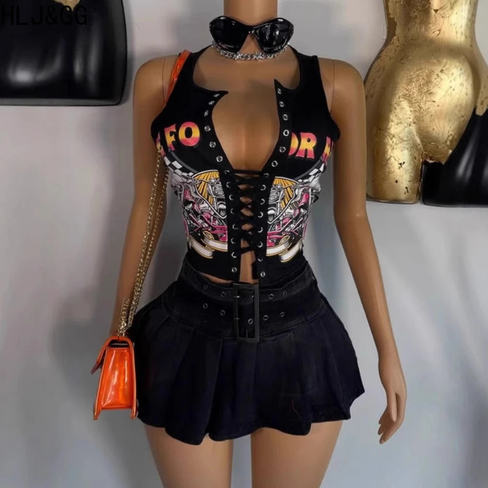 HLJ&GG Black Sexy Hot Girl Hollow Bandage Two Piece Sets Women Deep V Sleeveless Tank Top+Pleated Mini Skirts Outfits Streetwear