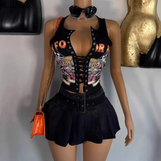 HLJ&GG Black Sexy Hot Girl Hollow Bandage Two Piece Sets Women Deep V Sleeveless Tank Top+Pleated Mini Skirts Outfits Streetwear