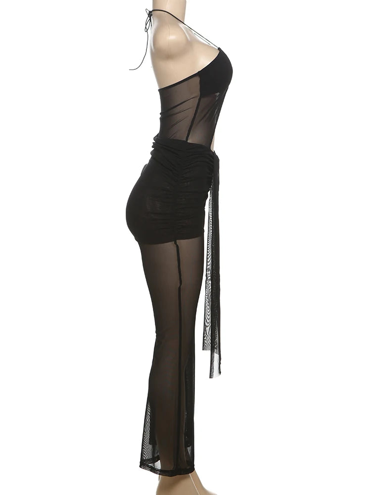 Weird Puss Backless Ruched Jumpsuit Women See Through Sexy Halter Ribbon Hollow Hipster Skinny Summer Clubwear Midnight Overalls