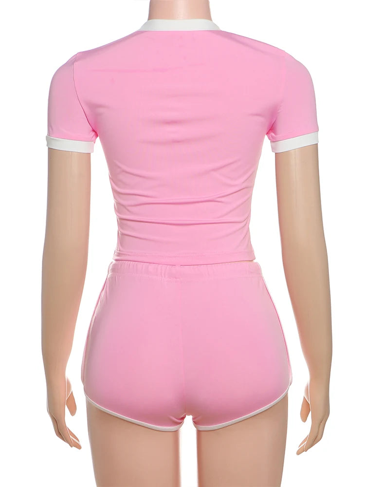 Weird Puss Letter Print 2piece Set Women Tracksuit Activity Shorts Sleeve Crop Tops+Biker Shorts Matching Street Stretch Suits