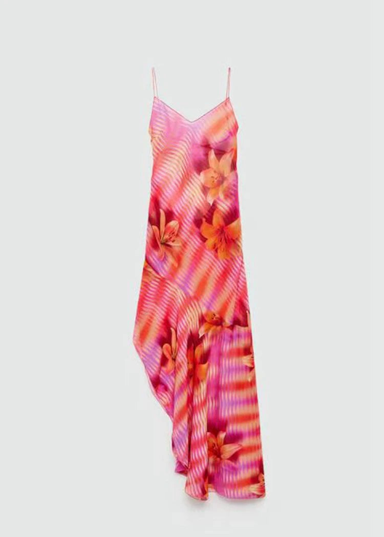 STYLISH LADY High Split Floral Printed Long Dress 2025 Summer Women Spaghetti Strap V Neck Backless Boho Beach Holiday Dresses