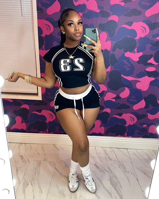 STYLISH LADY Number Printed Sports 2 Piece Set Women Short Sleeve Crop Top and Drawstring Shorts Suits 2025 Summer Casual Outfit