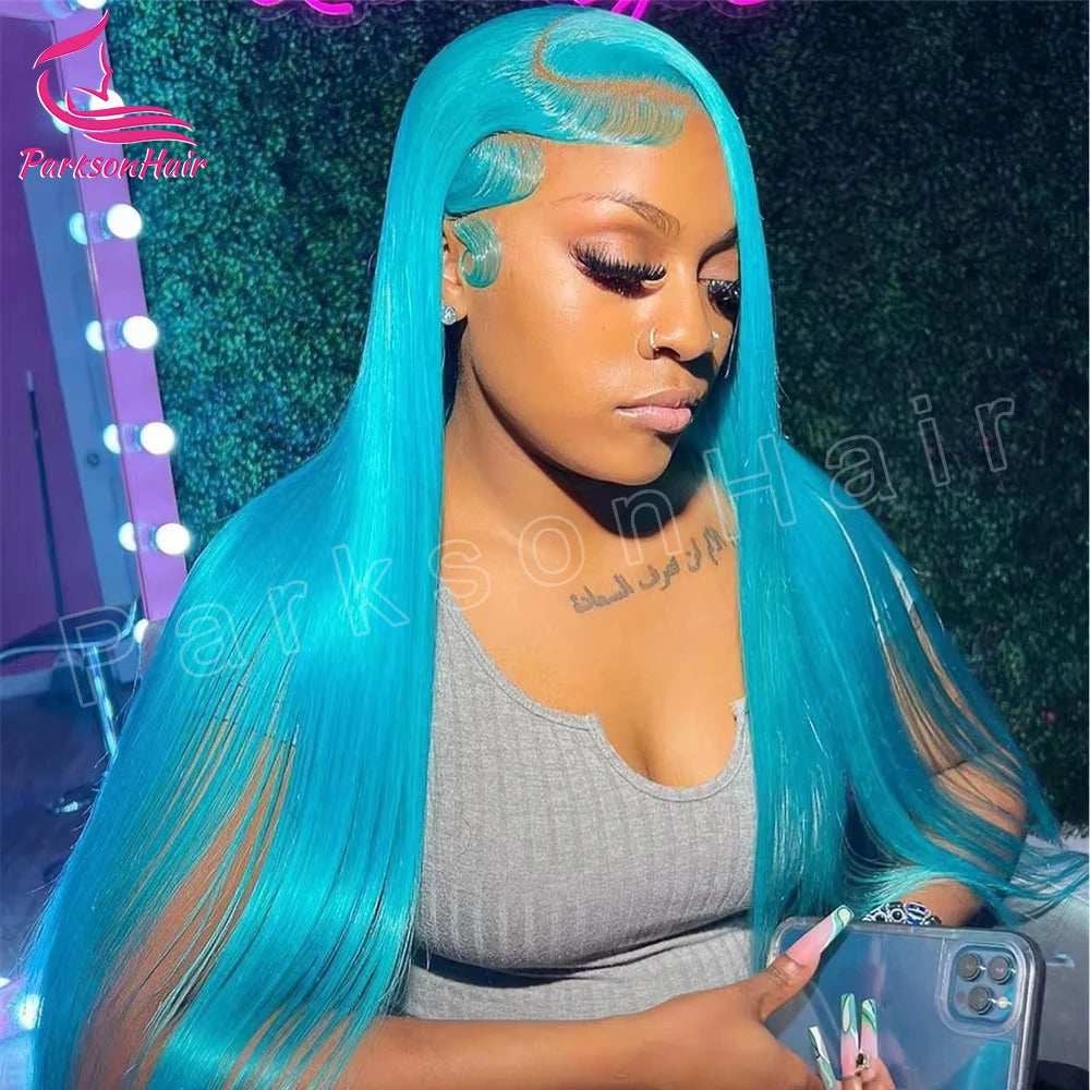 250 Density Blue Colored Straight Lace Front Real Human Hair Wigs Brazilian 13x4 13x6 Transparent Lace Frontal Wigs For Women