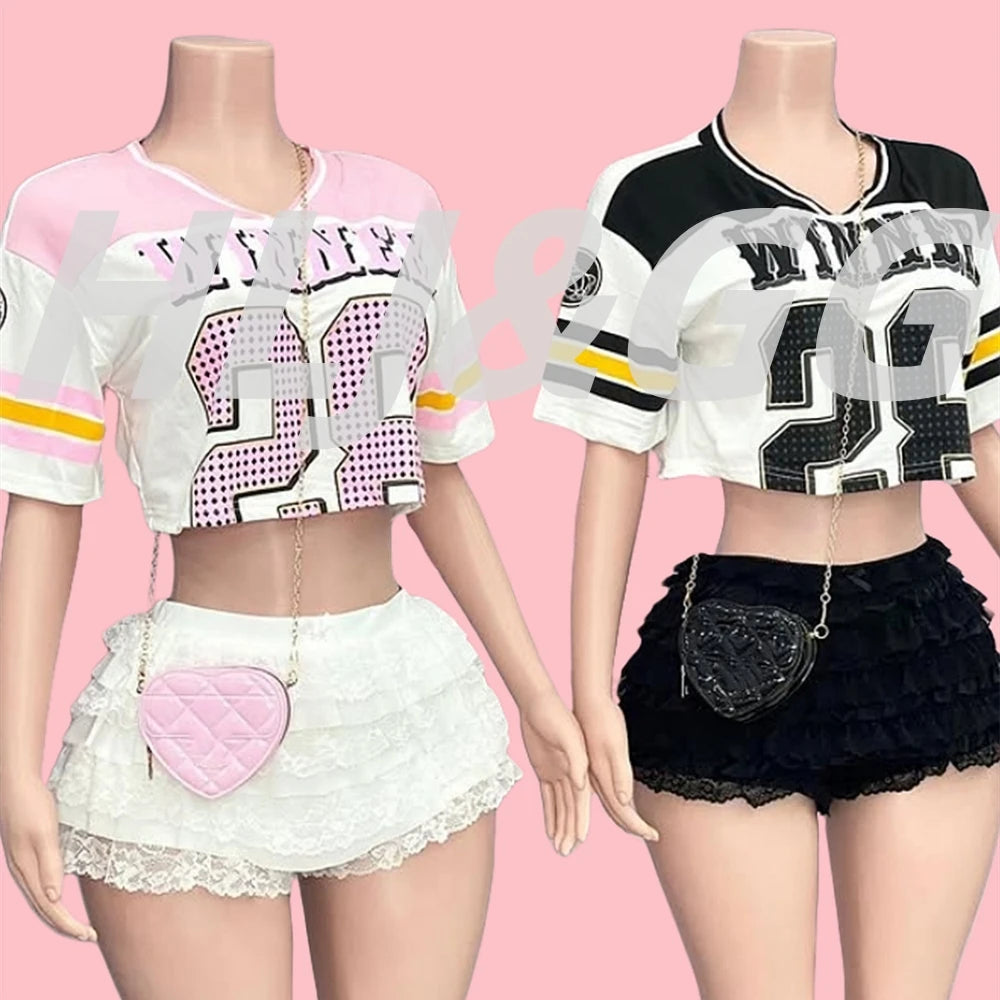 HLJ&GG Summer New Y2K Letter Print Two Piece Sets Women V Neck Short Sleeve Crop Top And Ruffle Skirts Shorts Outfits Streetwear