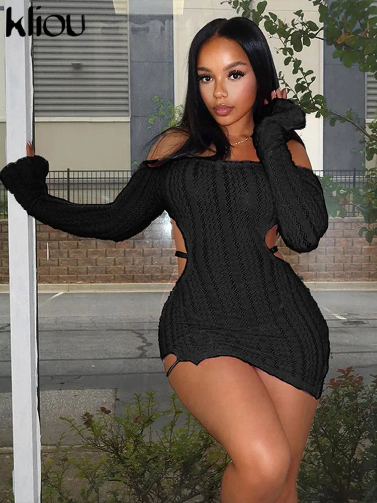 kliou Stunning Autumn Mini Dress ladies Sexy Solid Backless Slash Neck Long Sleeve Ruched Slim Robe Street Party Vestidos