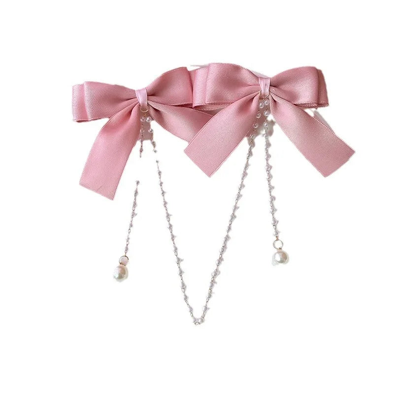 Sweet Princess Style Pink Pearls Chain Bow Hair Clip Women Children's Cute Back Head Hairpins Hair Clips Girls Hair Accessories
