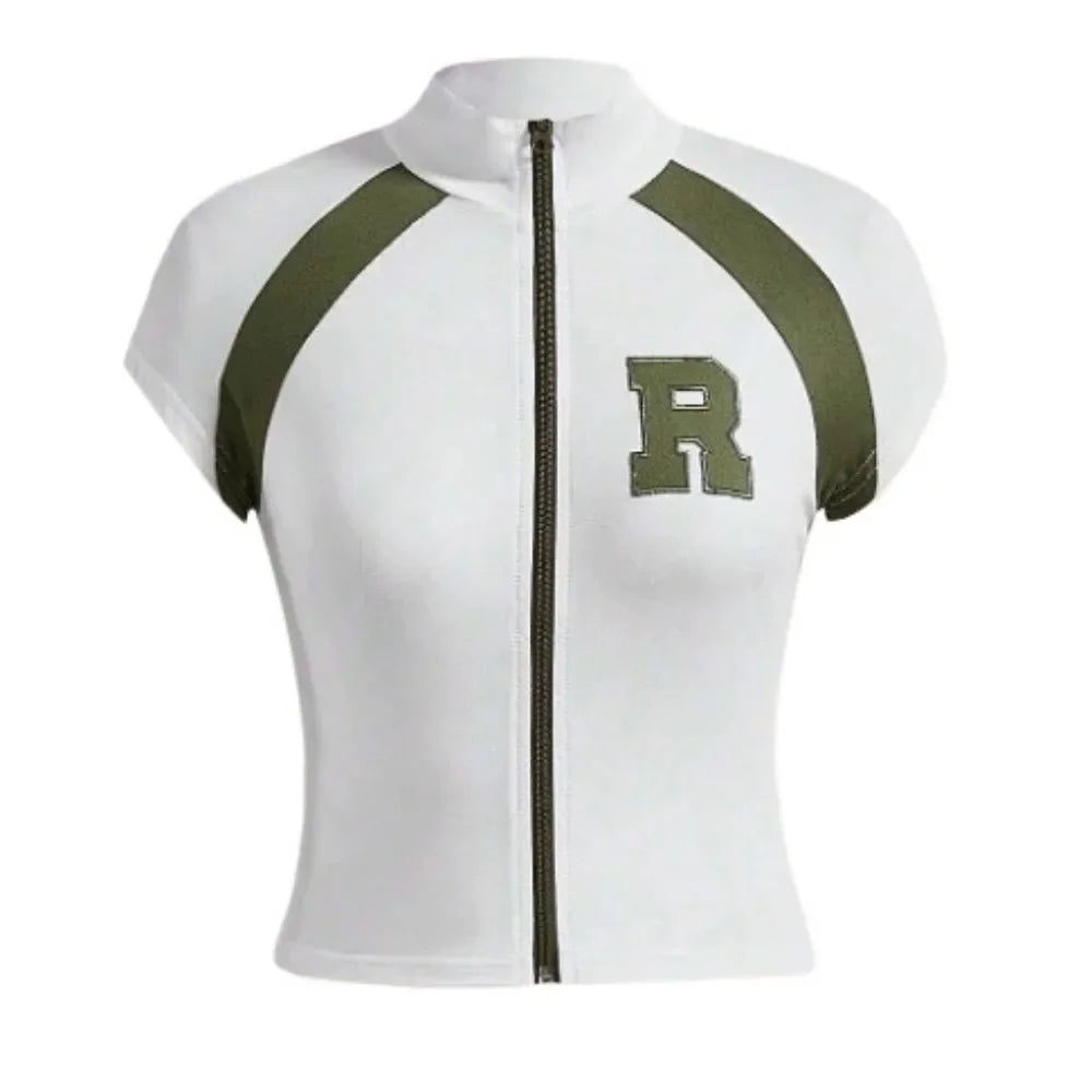HLJ&GG Fashion Letter Embroidery Two Piece Sets For Women Zipper Short Sleeve Slim Top And Puffy Mini Skirts Outfits Streetwear