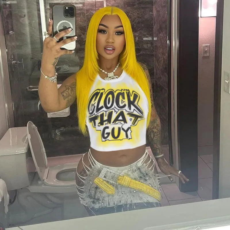 HLJ&GG Y2K Sexy Letter Print Slim Tank Top Women Round Neck Sleeveless Crop Tops Fashion Summer New Trend Clothing Streetwear