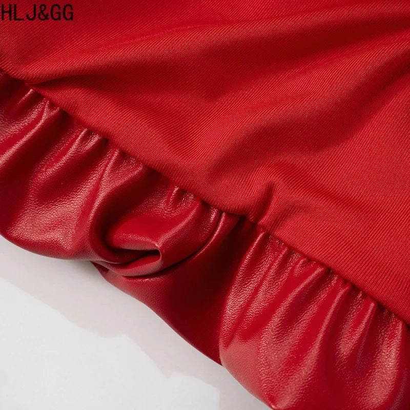HLJ&GG Red Fashion Leather Puffy Mini Skirts Two Piece Sets Women Zip Long Sleeve Jacket And Skirts Outfit Y2K Female Streetwear