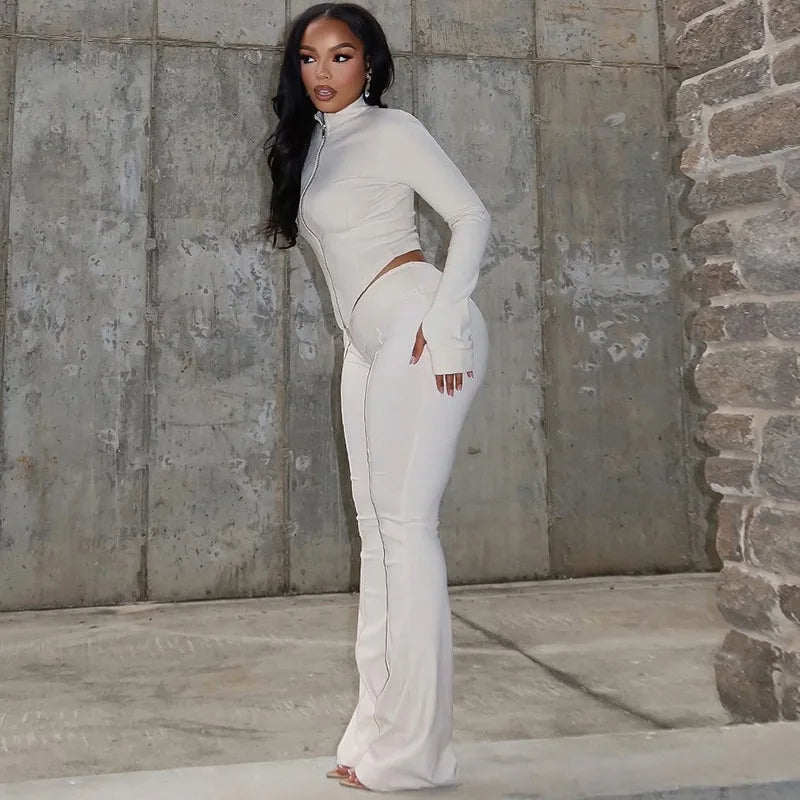 STYLISH LADY Solid Color Sporty 2 Piece Set Women Long Sleeve Crop Top and Flare Pant Suits 2025 Summer Casual Fitness Tracksuit