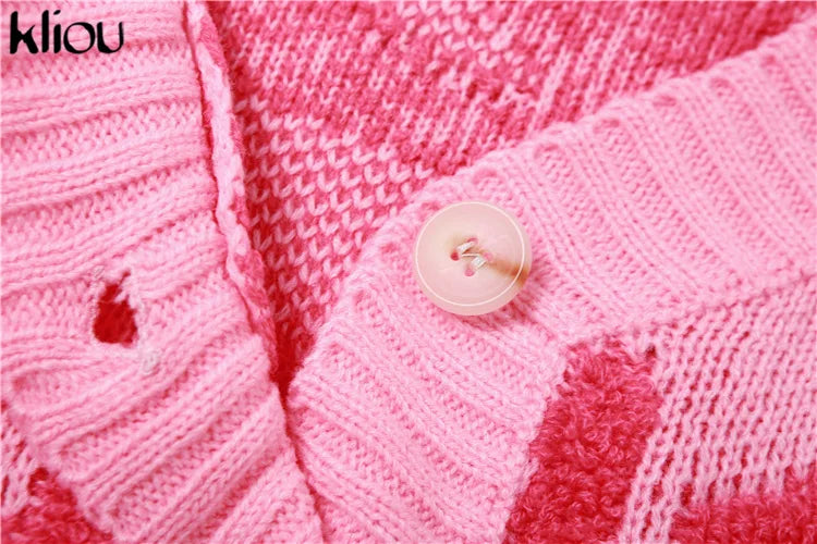 Kliou Knit Coats ladies Autumn New Full Sleeve Breasted Buttons V-neck Ruched Sweather Outwear Bare Midriff Street Tops