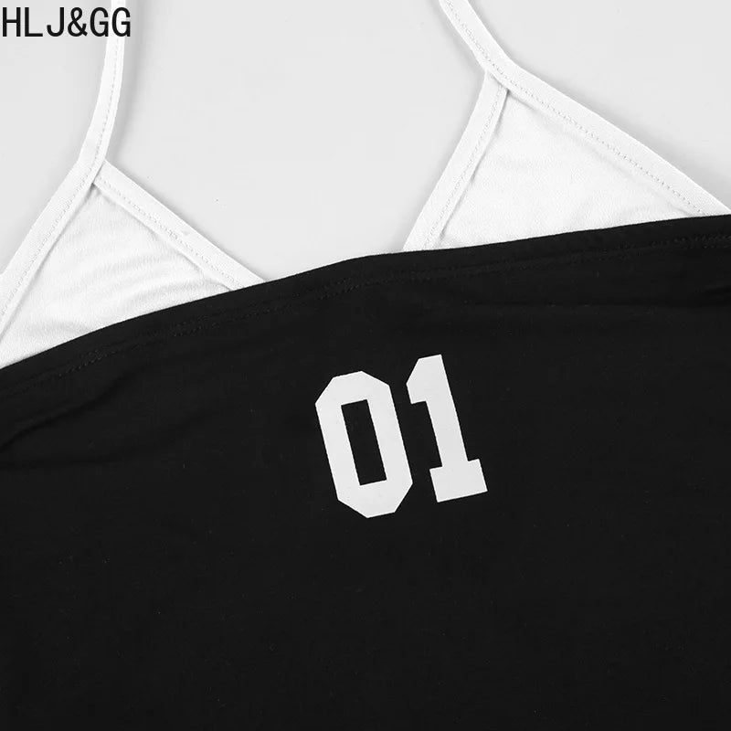 HLJ&GG Sexy Letter Printing Baddie 2 Piece Sets Outfits Spaghetti Strap Halter Backless Tank Crop Tops + Shorts Suits Streetwear