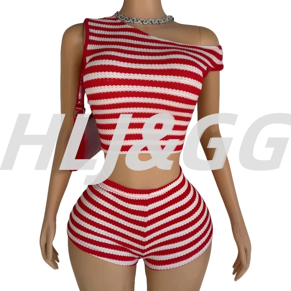 HLJ&GG Red Stripe Knitting Y2K Fashion Streetwear Women O Neck Sleeveless Slim Crop Top And Shorts Two Piece Sets Outfits 2025