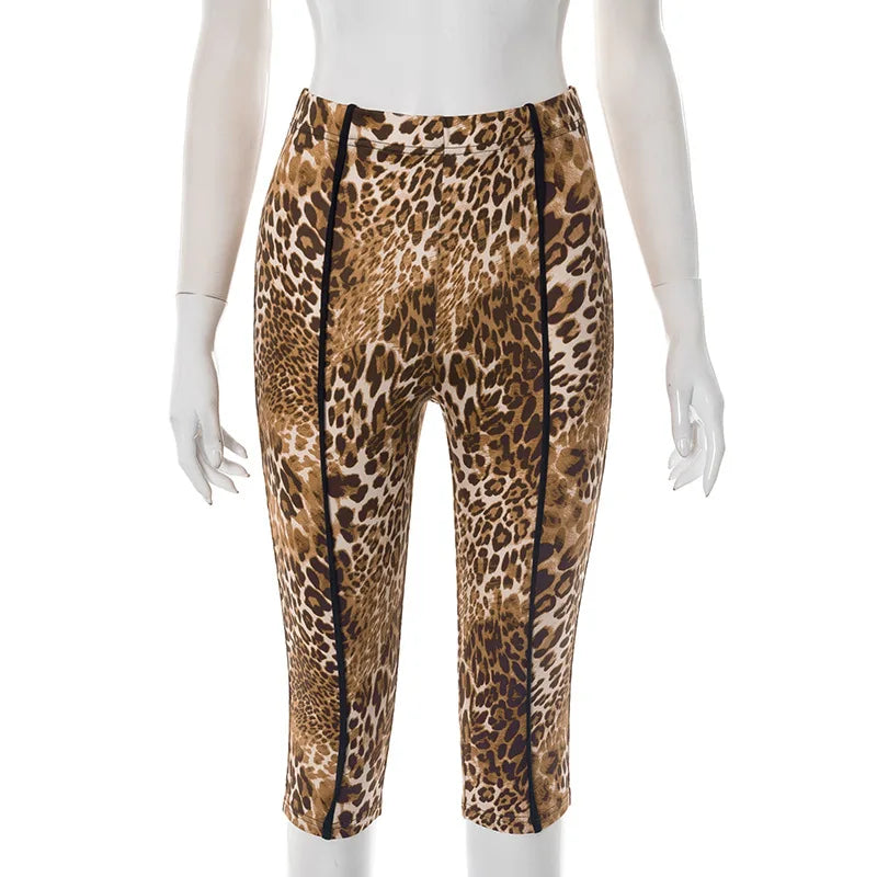 HLJ&GG Black Sexy Bandage Corse Two Piece Sets Women Sleeveless Backless Slim Top And Leopard Shorts Outfits Fashion Streetwear
