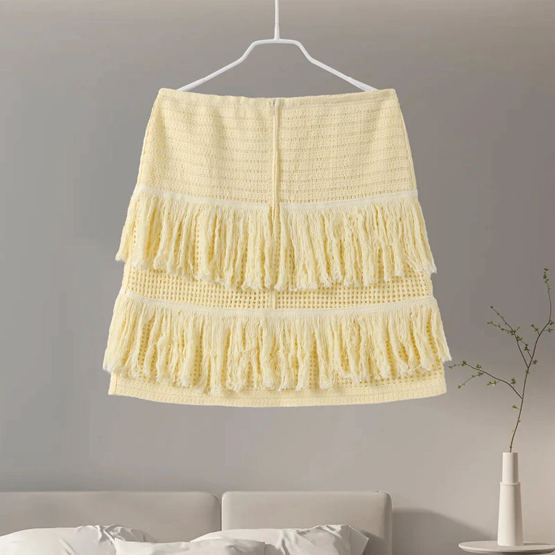 Sexy Knitted Tassels Top Mini Skirt Set Women Crop Bikini Vests Multi Layers Fringe Skirts 2025 Summer Beach Party Outfits Lady