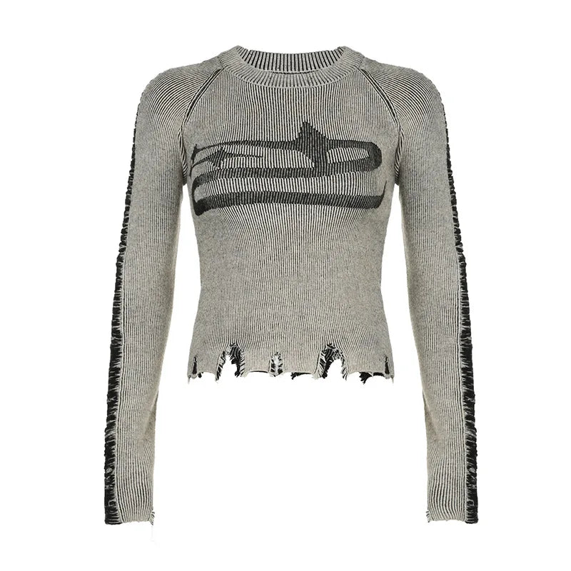 HLJ&GG American Vintage Style Women Knitting Print Long Sleeve Slim Top And Mini Pleated Skirts Outfits Fashion Y2K 2pcs Clothes