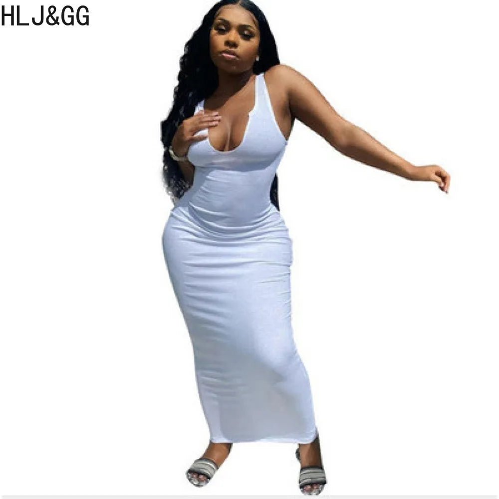 HLJ&GG Summer New Deep V Bodycon Long Dresses Women Sleeveless Backless Slim Vestidos Sexy Female Solid Color Streetwear Robe