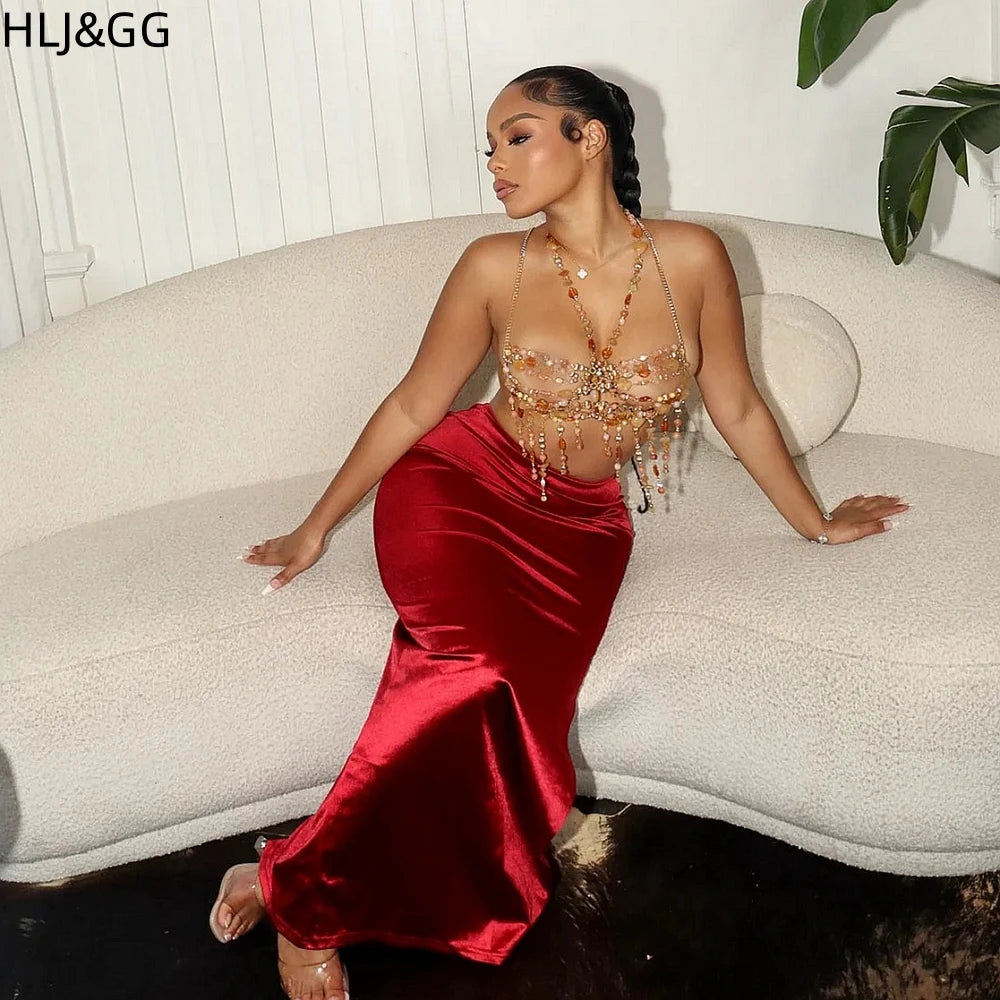 HLJ&GG Sexy Rhinestone Beads Halter Hollow Two Piece Sets Women Sleeveless Backless Top + Satin Skinny Skirts Outfits Streetwear
