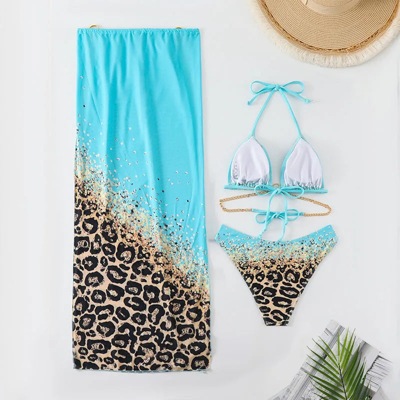 New Sexy Print Halter Swimwear, Swimsuit Three-pieces Bikini Set Bather Bathing Suit Swim Lady