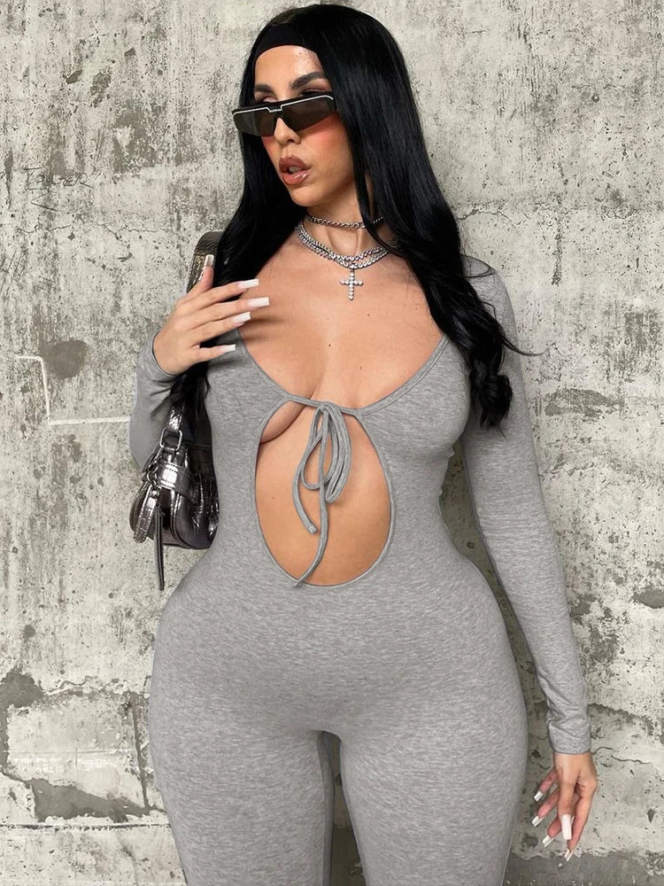 Dulzura Solid Pure Hole Hollow Out Straps Lace-Up Jumpsuit Long Sleeves 2023 Summer Autumn For Women Sexy Streetwear Wholesale