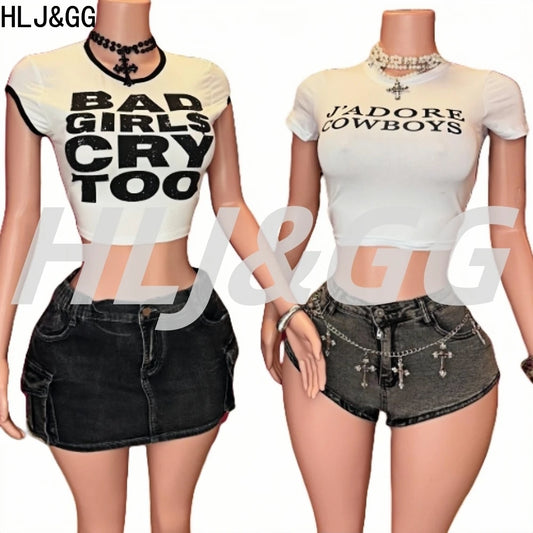 HLJ&GG Summer New Letter Print Tshirts Two Piece Sets Women O Neck Short Sleeve Crop Top And Denim Mini Skirts Outfit Streetwear