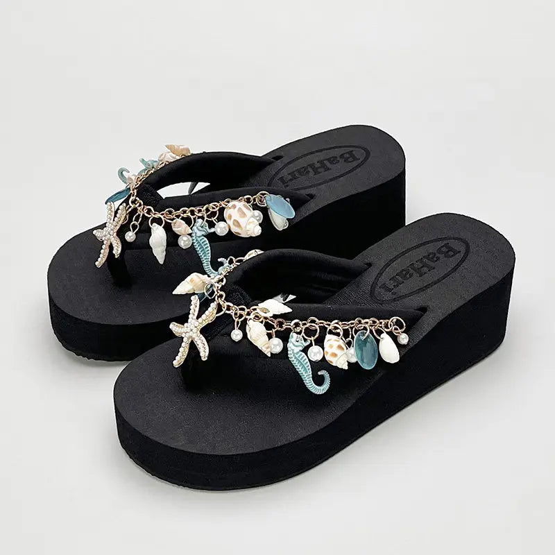 Bohemian High-heeled Flip-flops for Women Summer Vacation Platform Beach Slippers