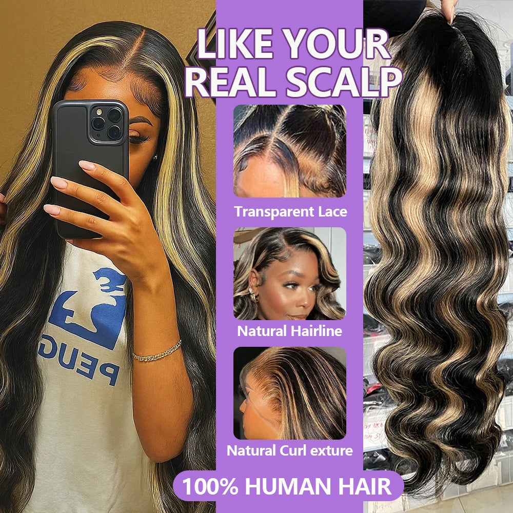 1B/27 Balayage Highlight Body Wave Wig Human Hair 30 Inch 13x4 HD Lace Frontal Wig Ombre Blonde Highlight Brazilian Hair Wigs