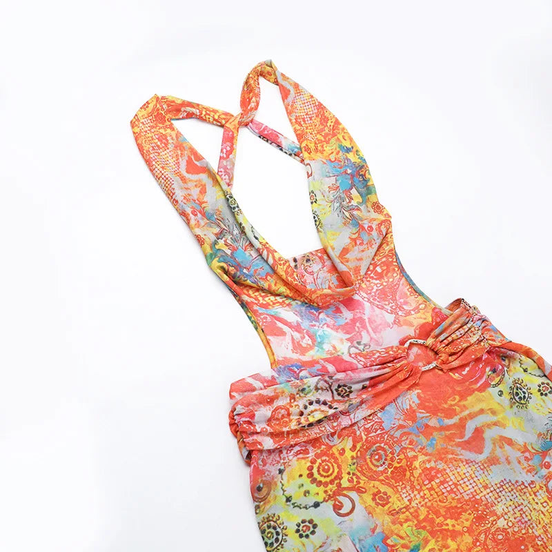 HLJ&GG Sexy Deep V Mesh See Though Bandage Long Dresses Women Tie Dye Print Sleeveless Backless Slim Vestidos Fashion Streetwear