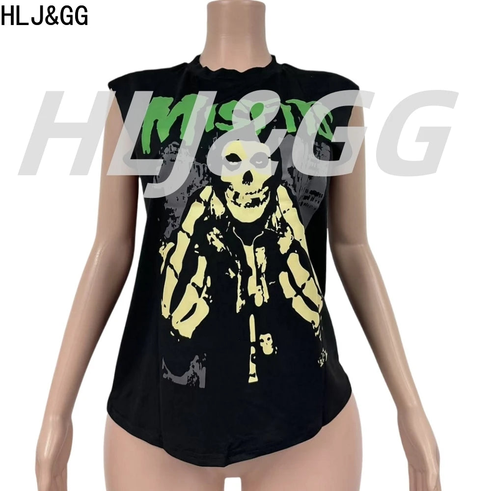 HLJ&GG Fashion Street Letter Print Tshirts Two Piece Sets Women O Neck Sleeveless Top And Shorts Outfits Y2K Female Streetwear