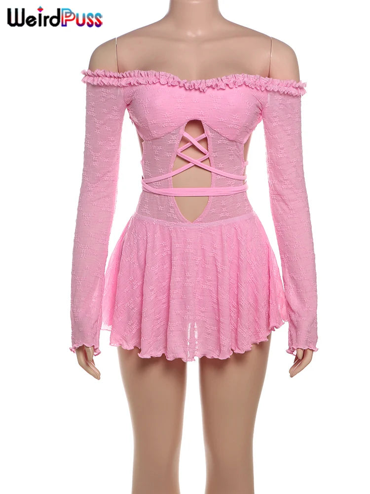 Weird Puss Slash Neck Backless Dress Sexy Fall Trend Women Thin Bandage Hollow Lace Birthday Party Stretch Jacquard Mini Bodycon