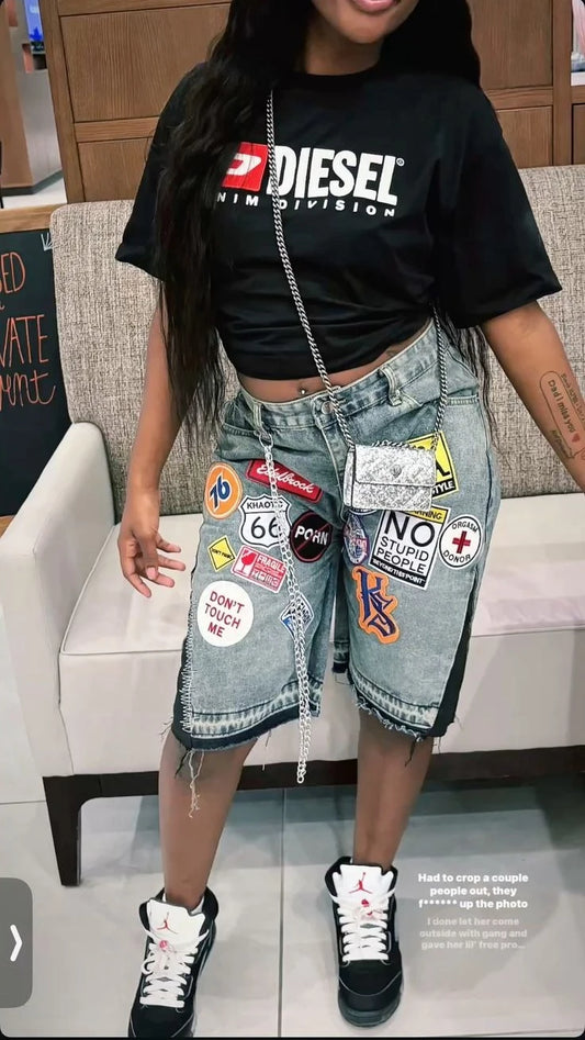 Female Streetwear Retro Patchwork Shorts Y2K Jeans Cartoon Embroidery Shorts Low Waist Over The Knee Pants Casual Shorts