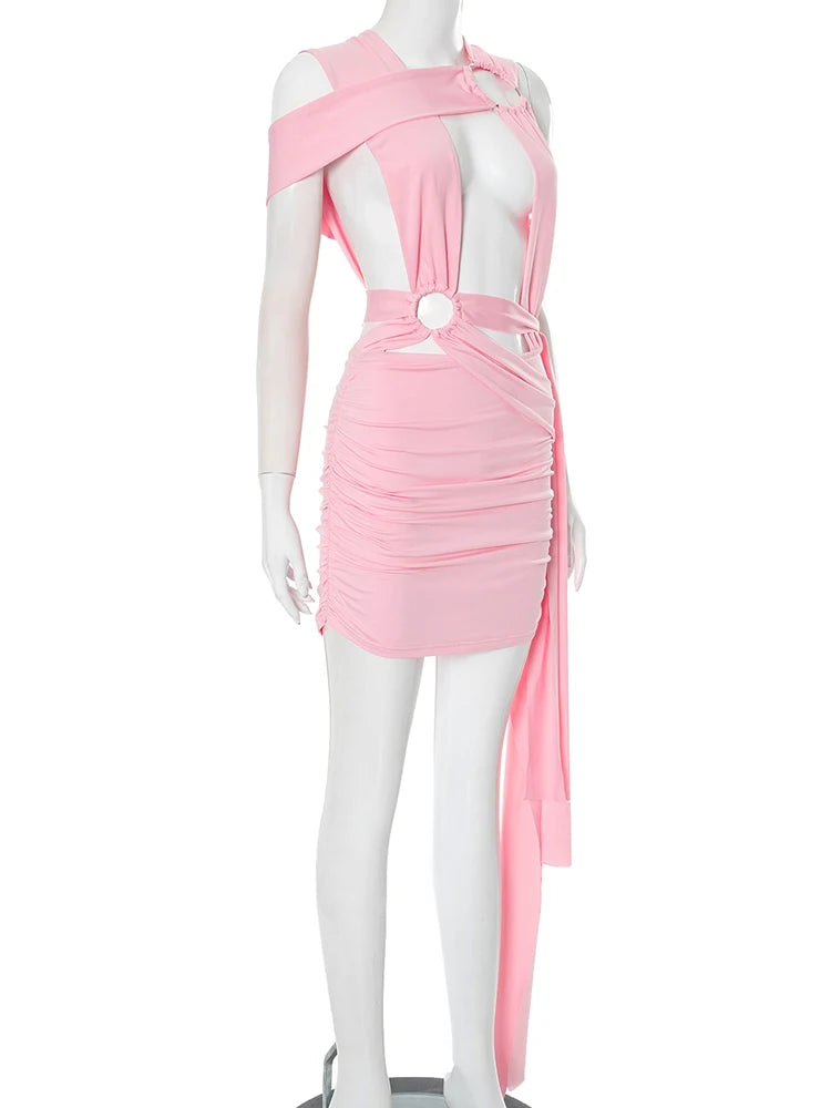 Weird Puss Metal Rings Patchwork Mini Dress Women Irregular Hollow Cross Bandage Midnight Sexy Skinny Peach Hip Street Outfits